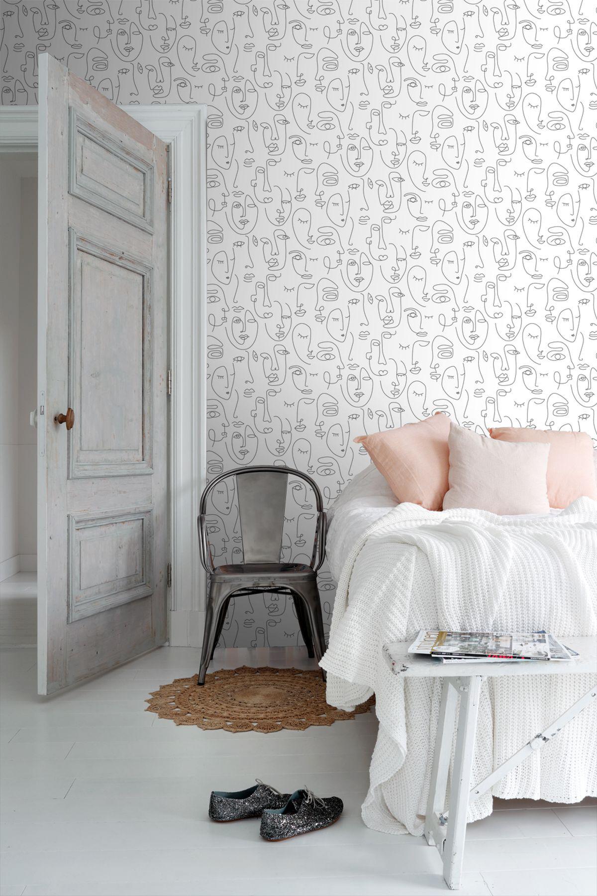 York Sharona White Line Art Faces Wallpaper