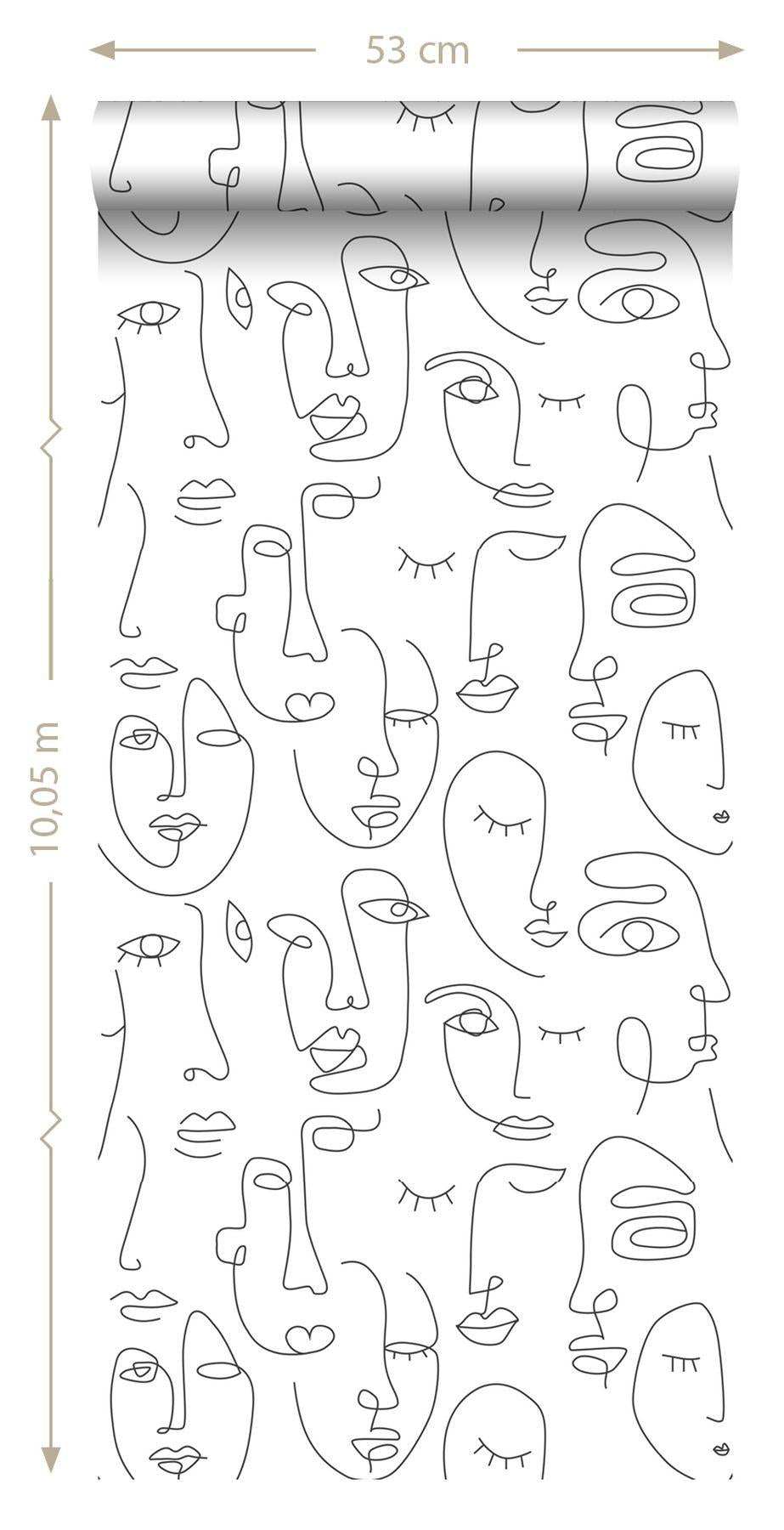 York Sharona White Line Art Faces Wallpaper