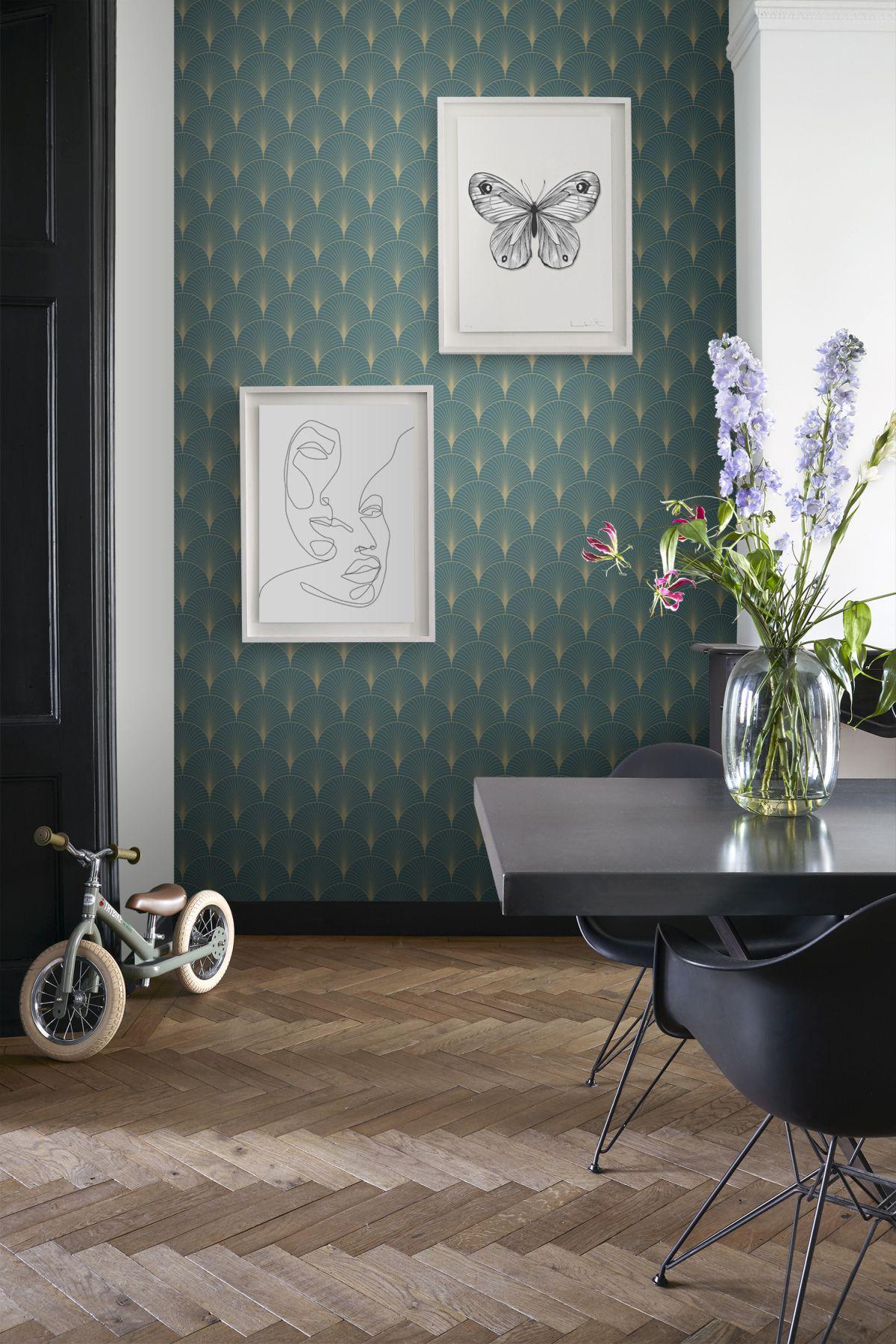 York Lempicka Teal Art Deco Motif Wallpaper