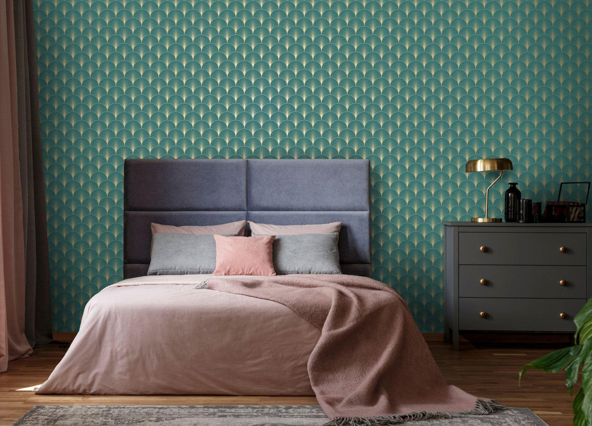 York Lempicka Teal Art Deco Motif Wallpaper