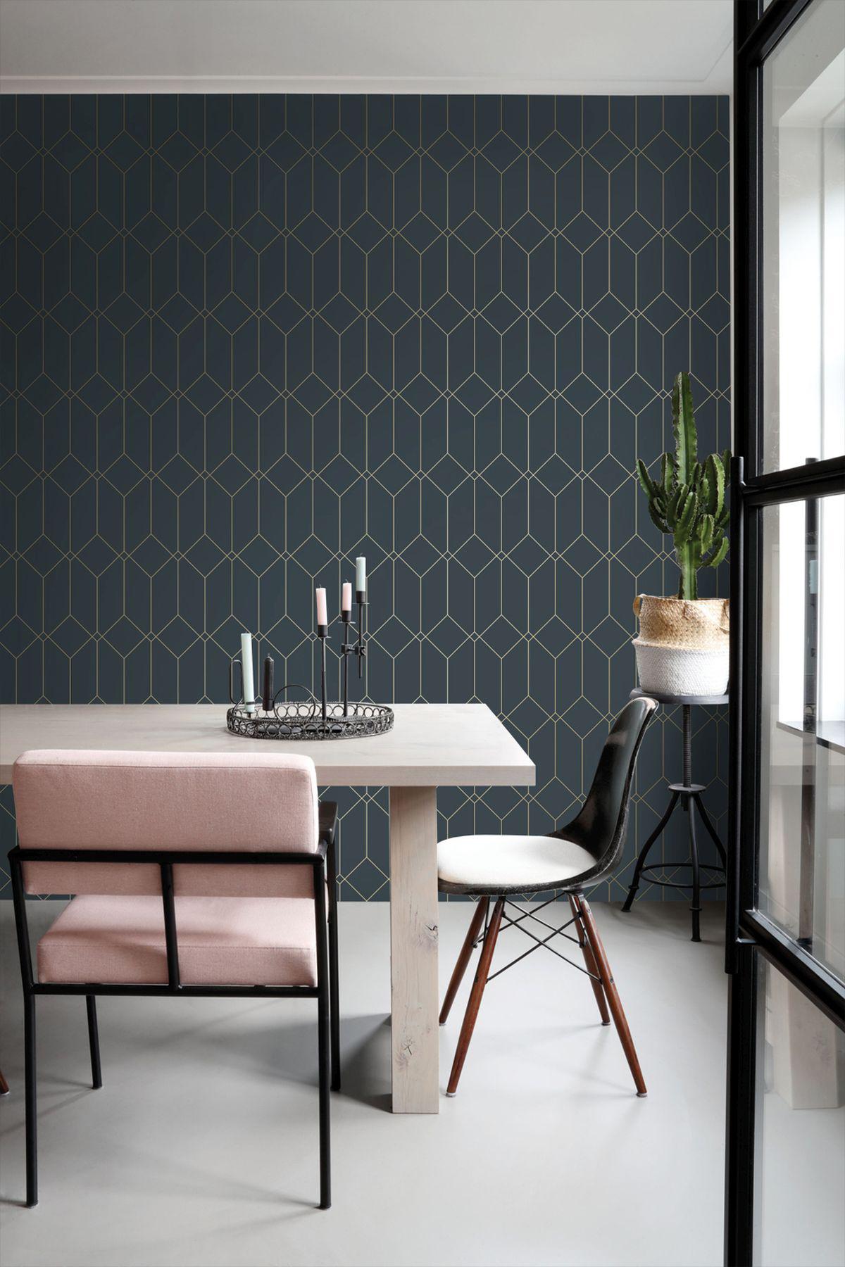 York Trilliant Dark Blue Art Deco Motif Wallpaper