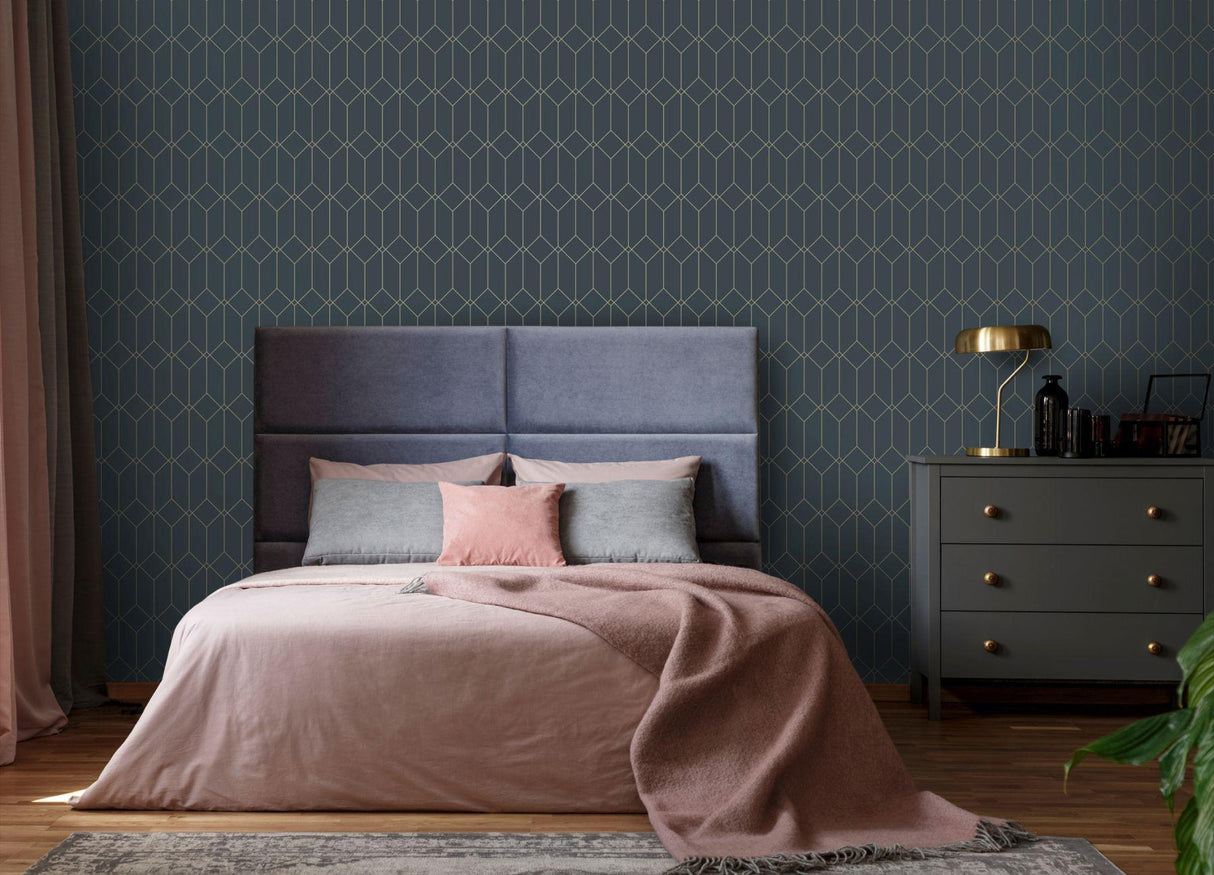 York Trilliant Dark Blue Art Deco Motif Wallpaper
