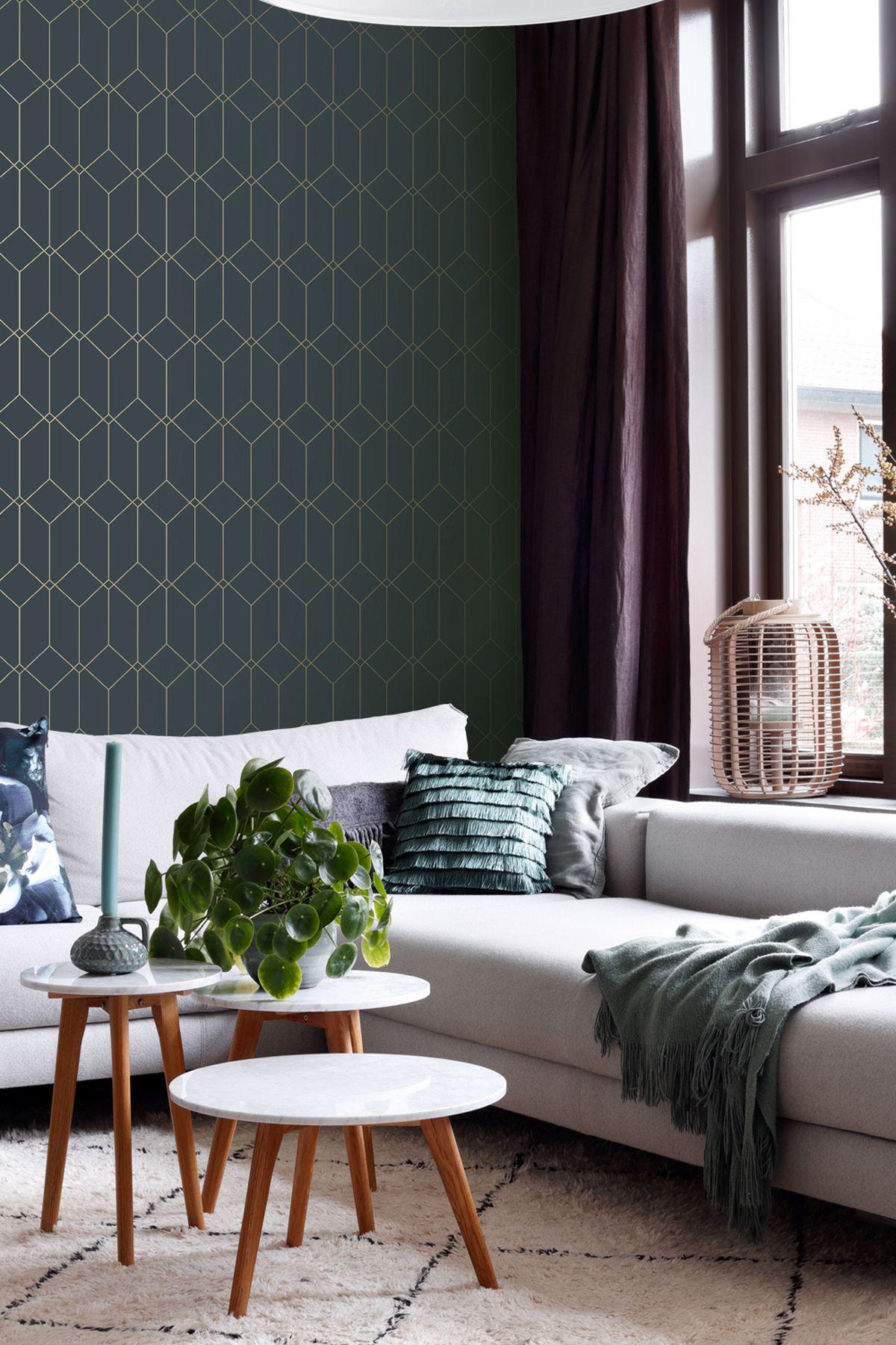 York Trilliant Dark Blue Art Deco Motif Wallpaper