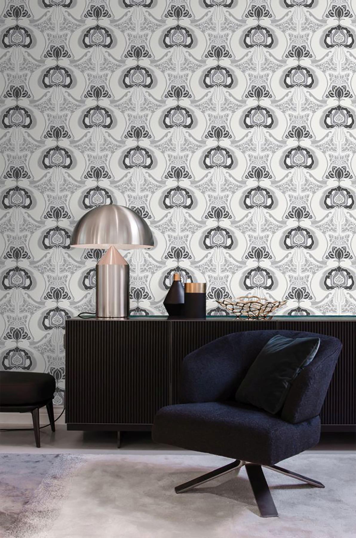 York Joaquin Black Art Nouveau Floral Wallpaper