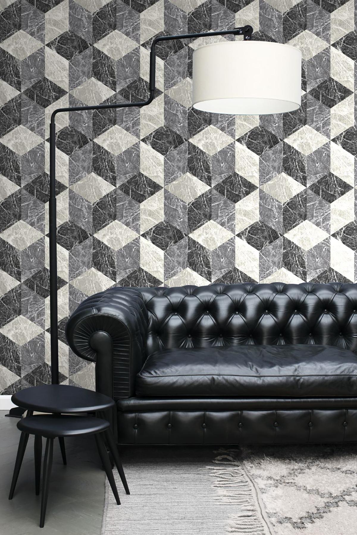 York Rizzo Black Geometric Stone Wallpaper