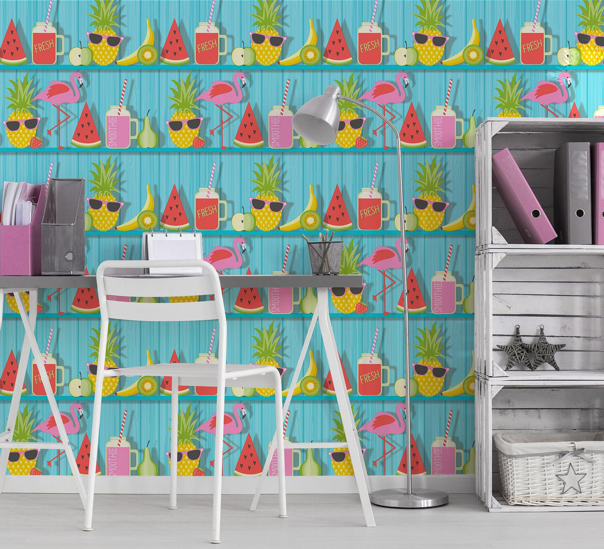 York Kids Teal Tropical Shelves Wallpaper