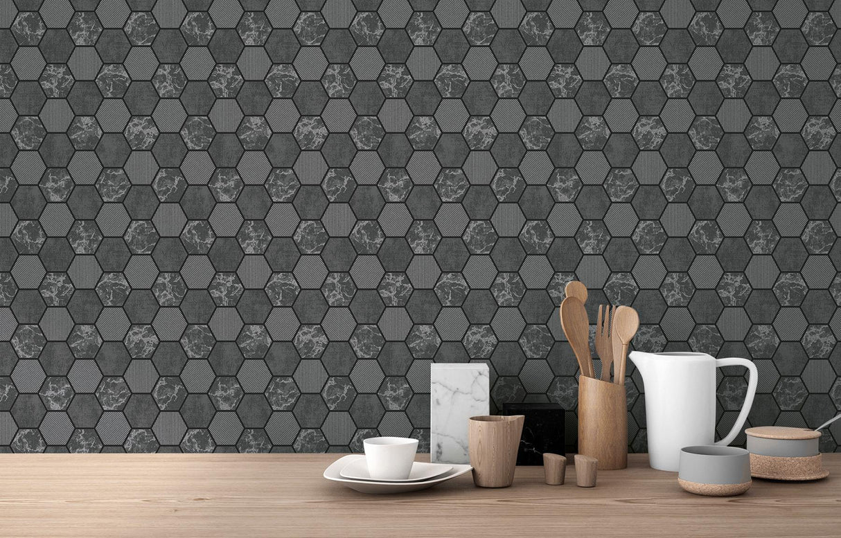 York Ceramica Black Hexagon Tile Wallpaper