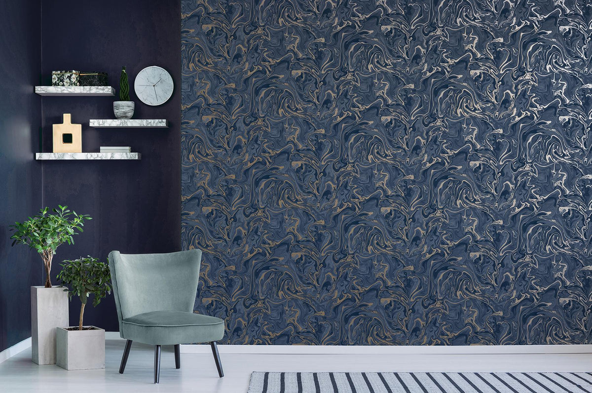 York Suave Navy Marble Wallpaper