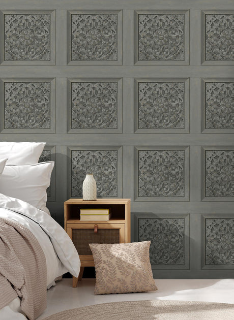 York Albie Dark Grey Carved Panel Wallpaper