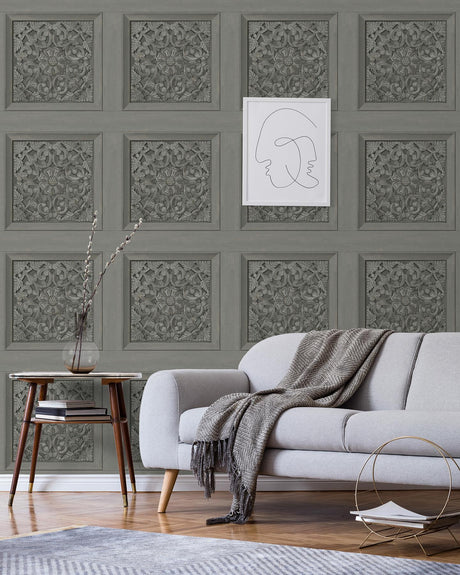 York Albie Dark Grey Carved Panel Wallpaper