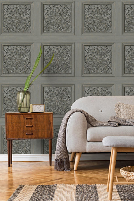 York Albie Dark Grey Carved Panel Wallpaper