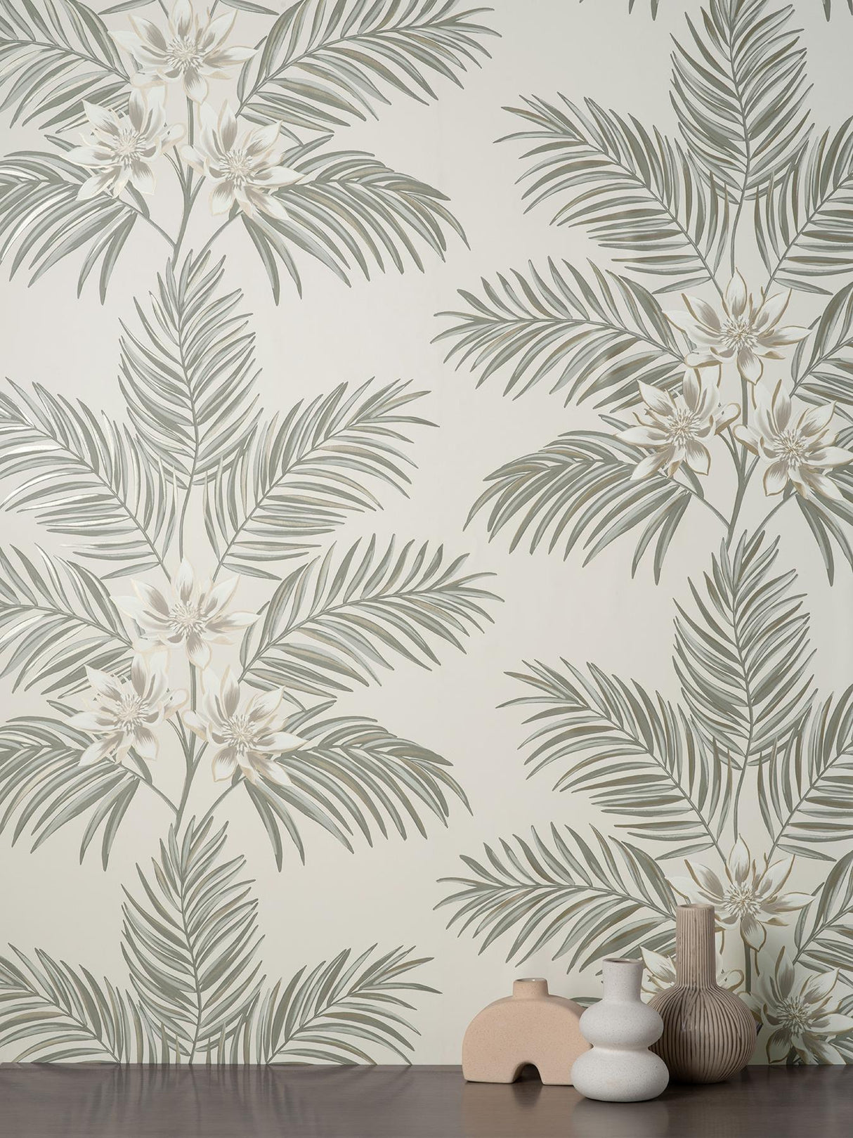 York Bali Light Grey Palm Wallpaper