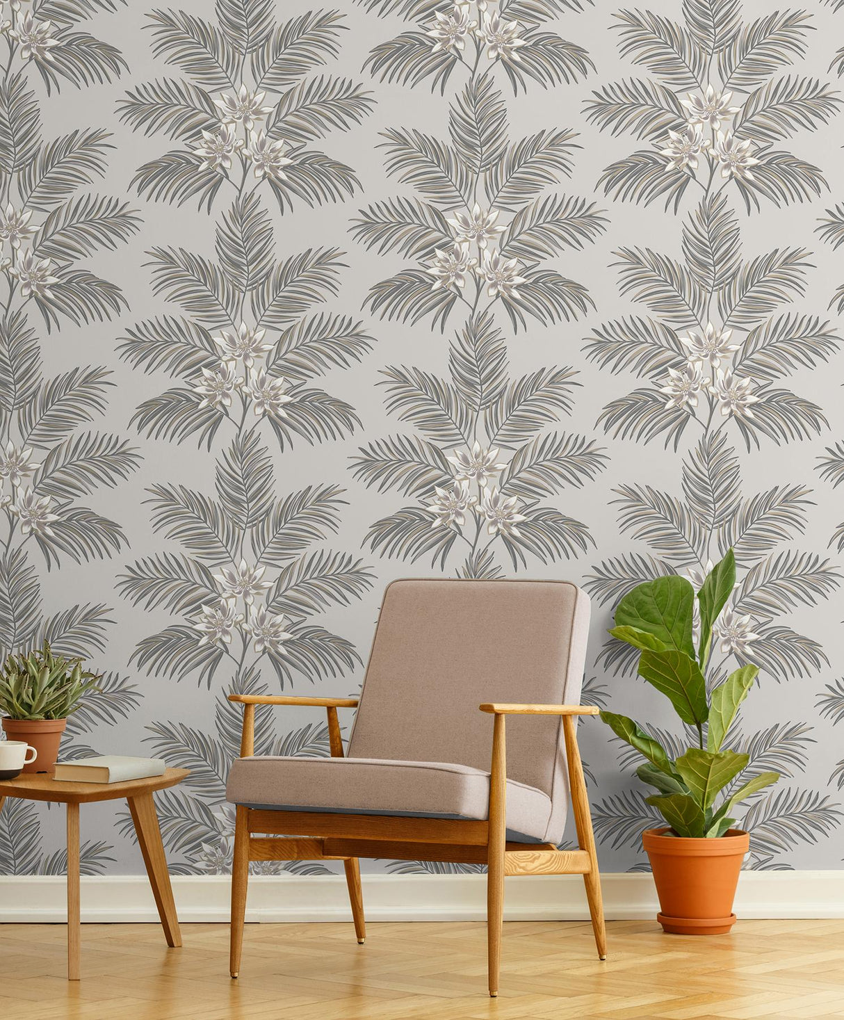 York Bali Light Grey Palm Wallpaper