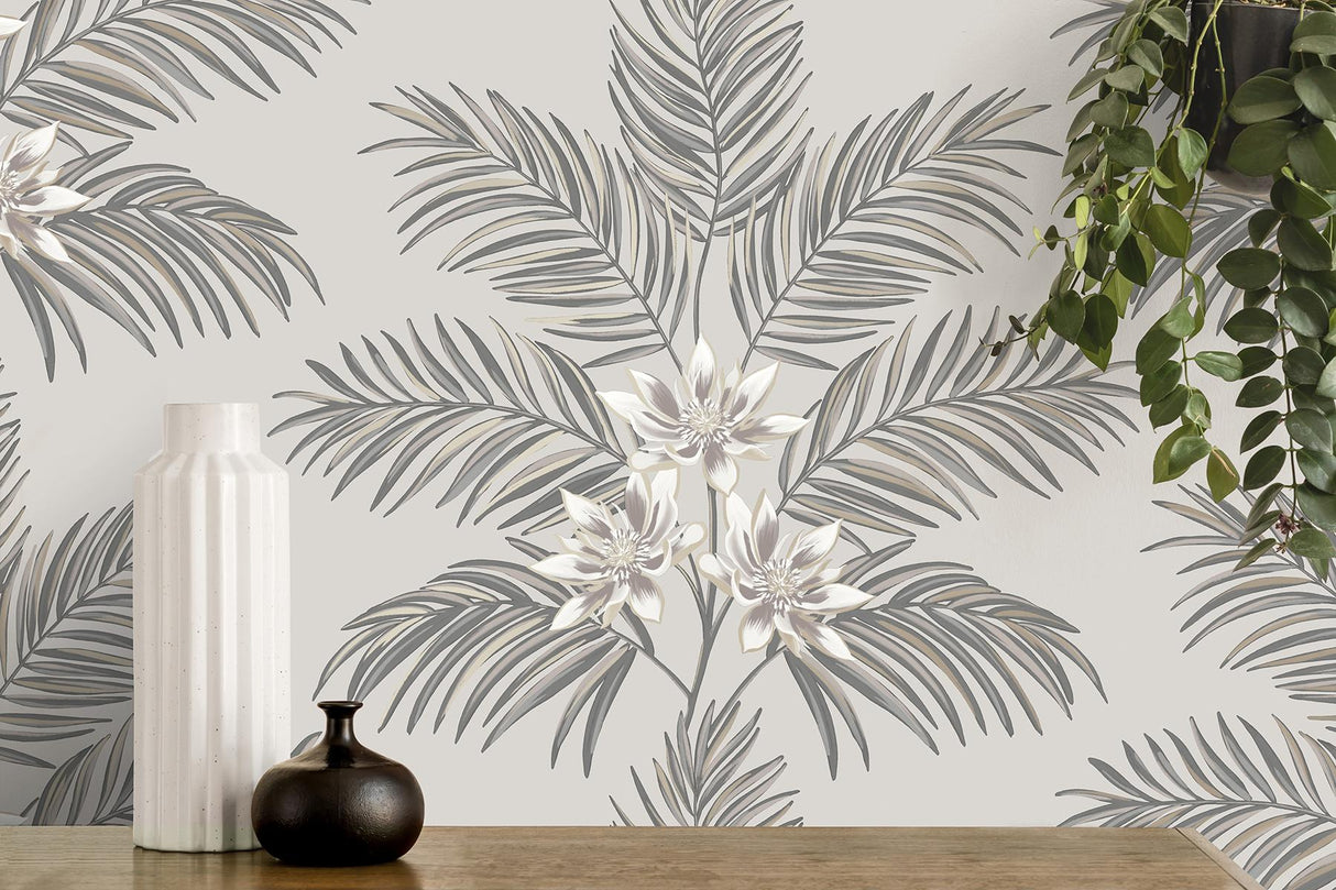 York Bali Light Grey Palm Wallpaper