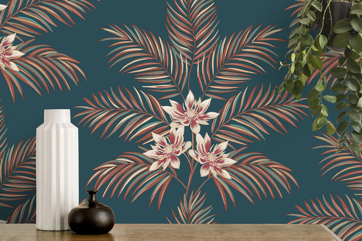 York Bali Teal Palm Wallpaper