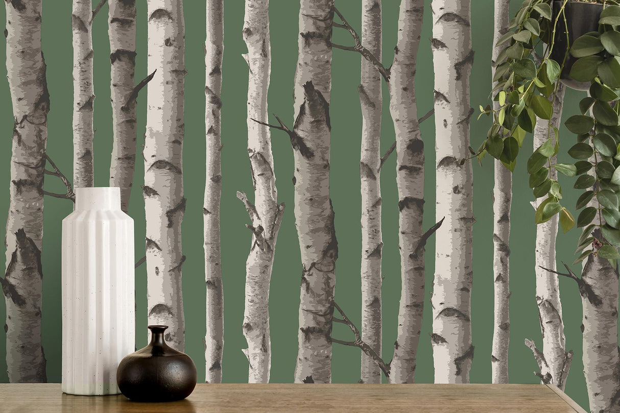 York Chester Dark Green Birch Trees Wallpaper