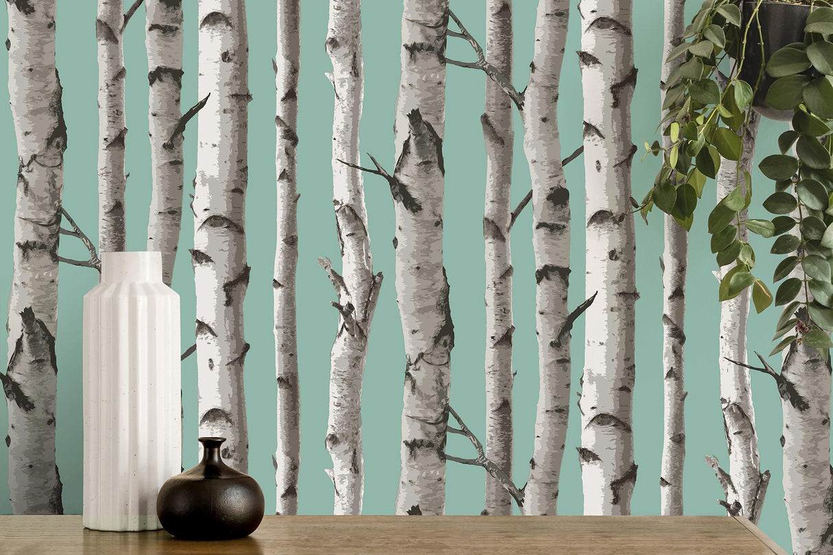 York Chester Aqua Birch Trees Wallpaper