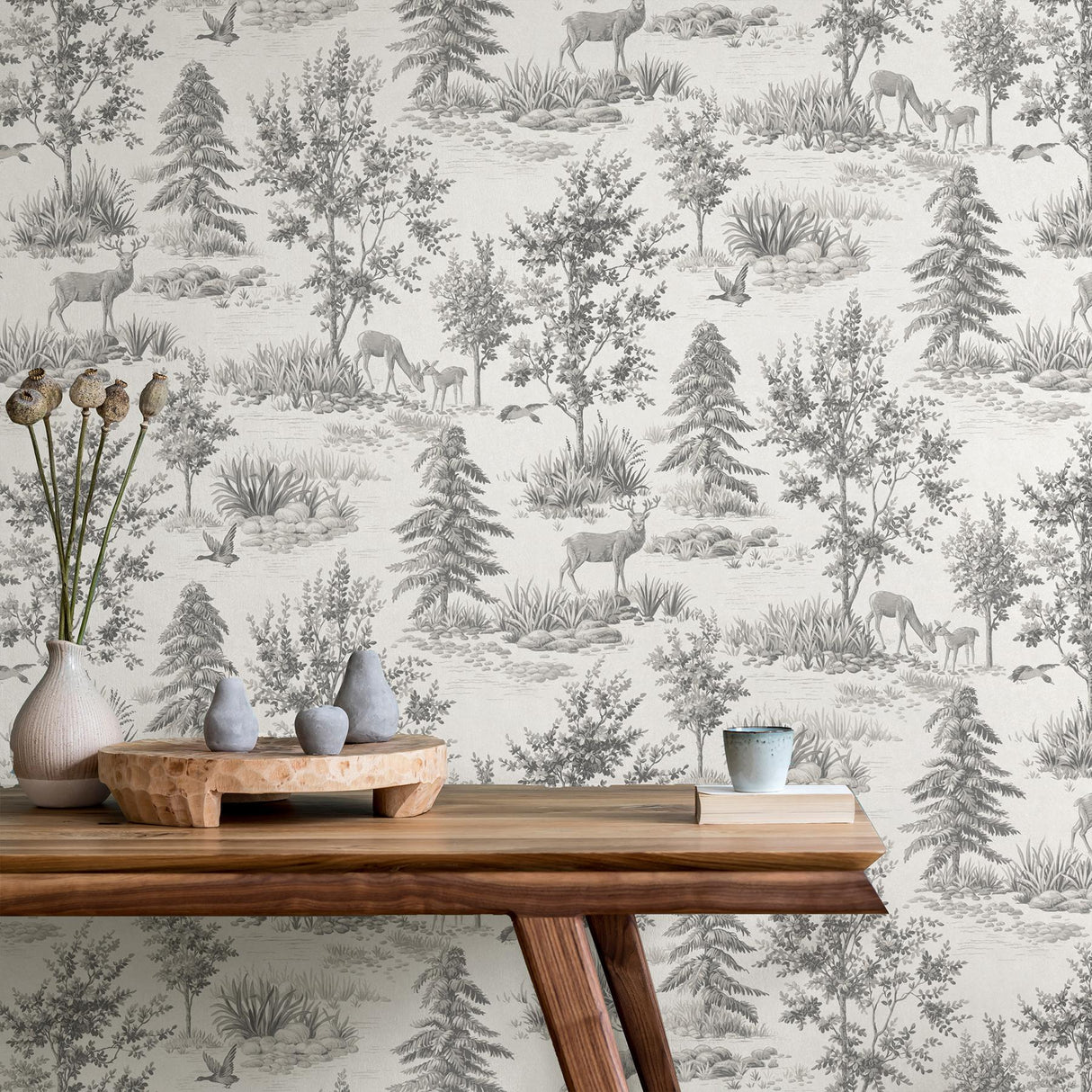 York Dwyer Grey Stag Toile Wallpaper