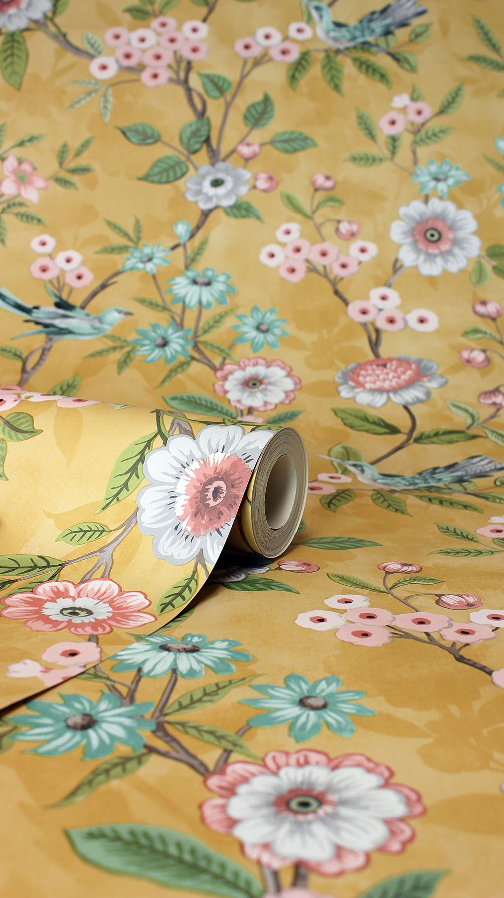 York Elspeth Mustard Floral Trail Wallpaper