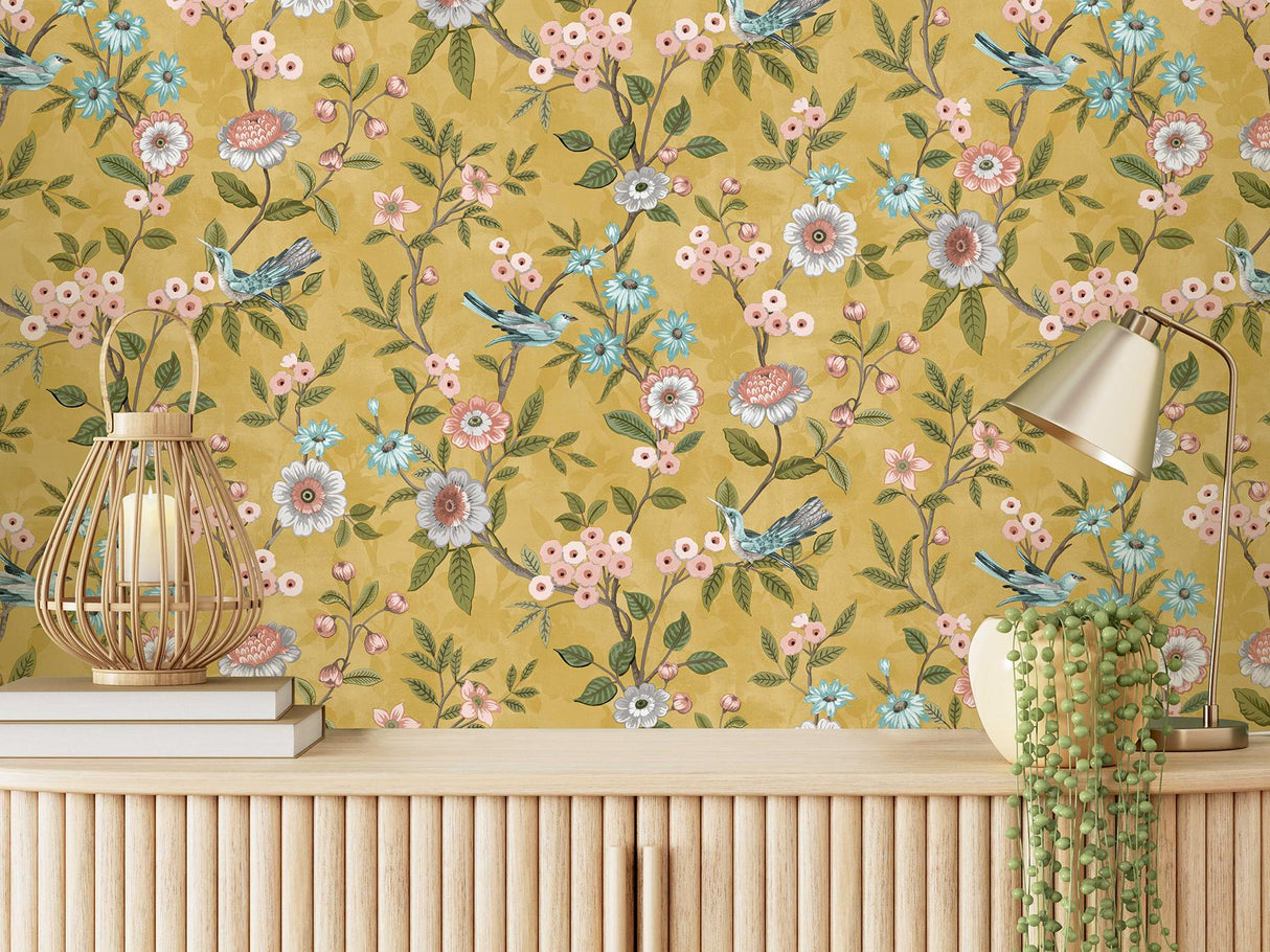 York Elspeth Mustard Floral Trail Wallpaper