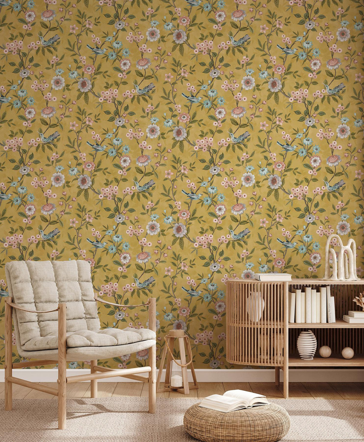 York Elspeth Mustard Floral Trail Wallpaper
