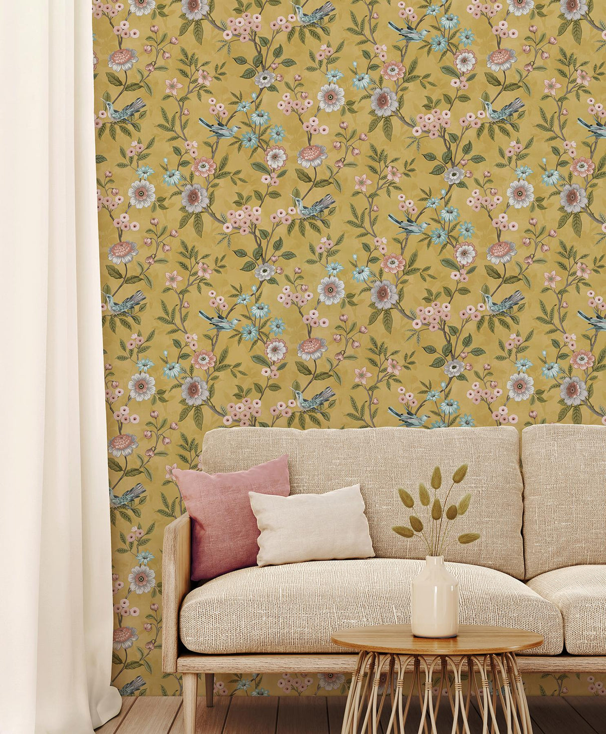 York Elspeth Mustard Floral Trail Wallpaper