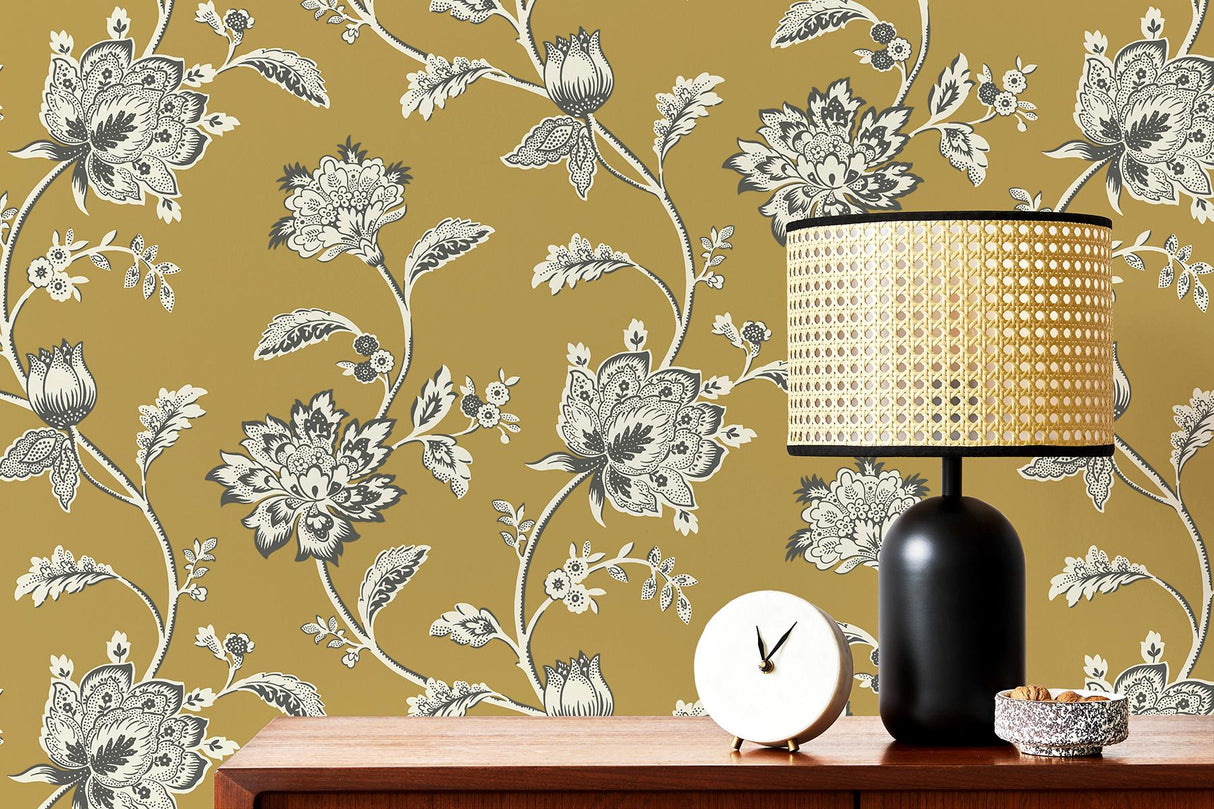 York Juliette Mustard Jacobean Wallpaper