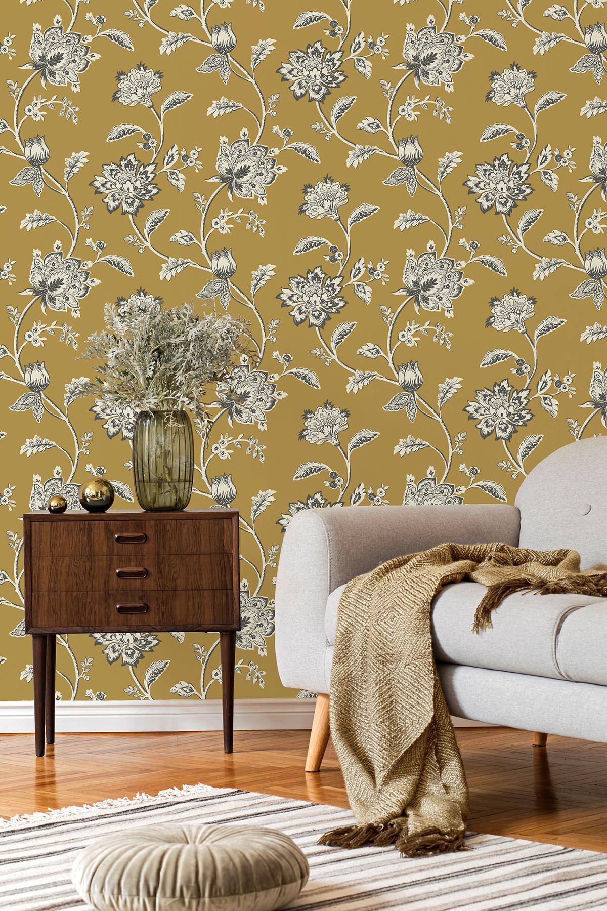York Juliette Mustard Jacobean Wallpaper