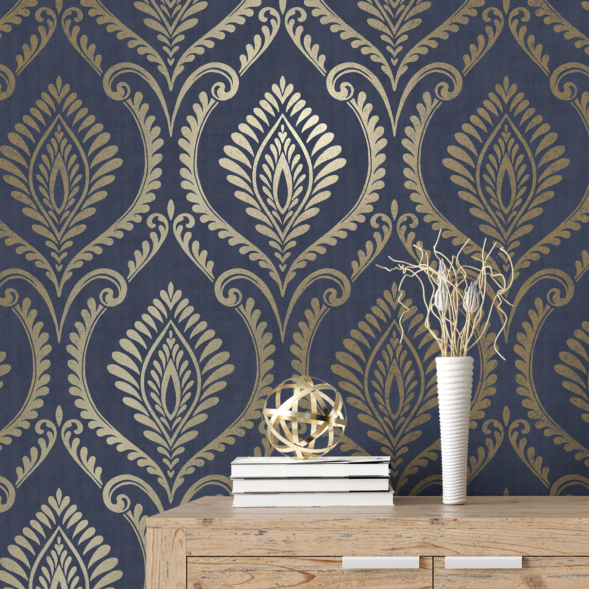 York Estelle Blue Damask Wallpaper