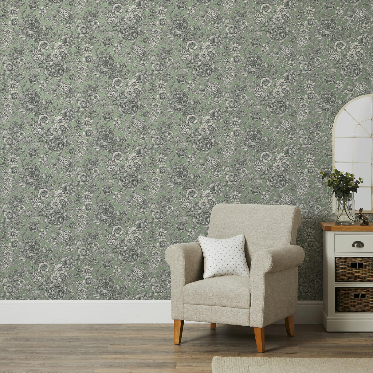 York Hedgerow Green Floral Trails Wallpaper