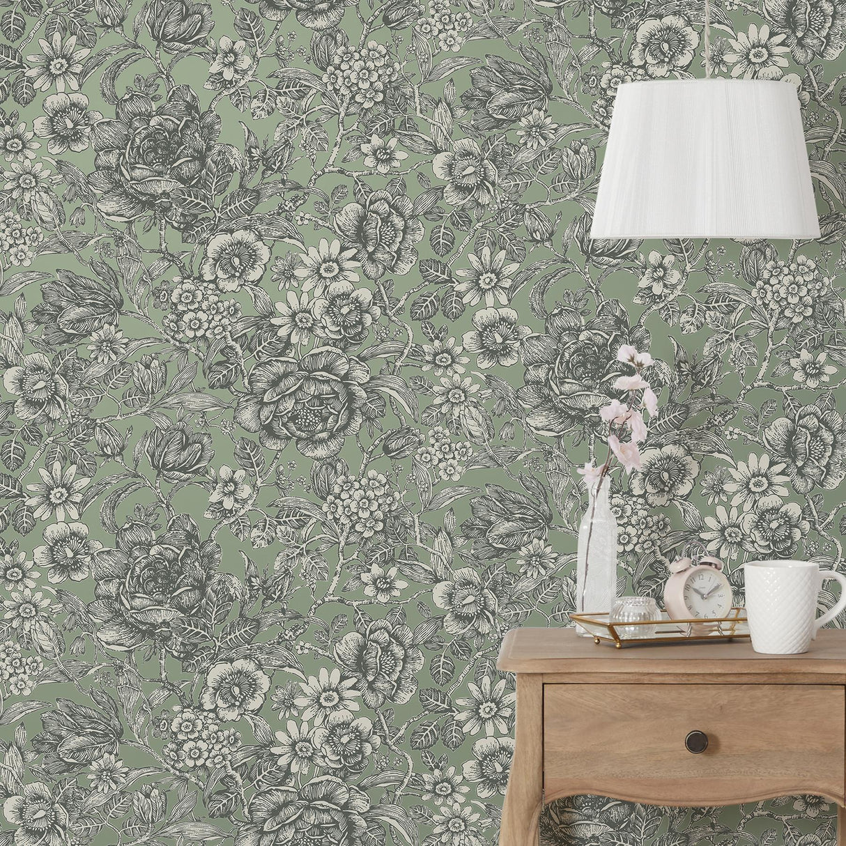 York Hedgerow Green Floral Trails Wallpaper