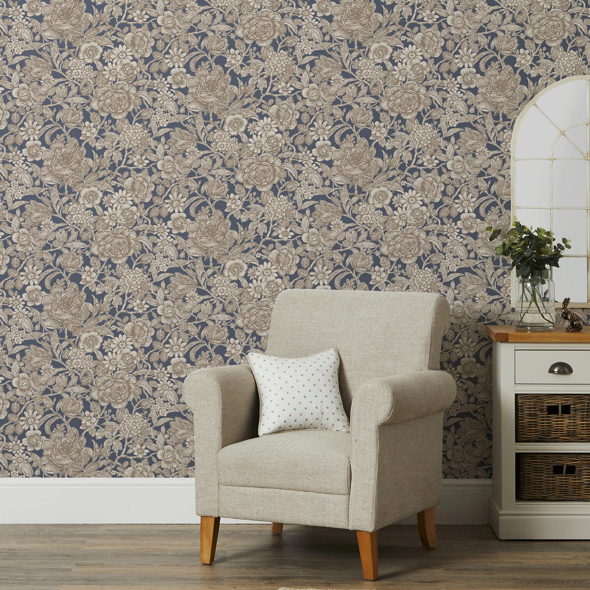 York Hedgerow Navy Floral Trails Wallpaper