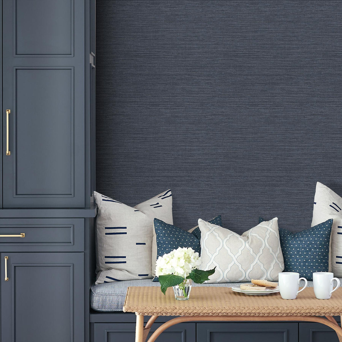 York Miya Dark Blue Faux Grasscloth Wallpaper