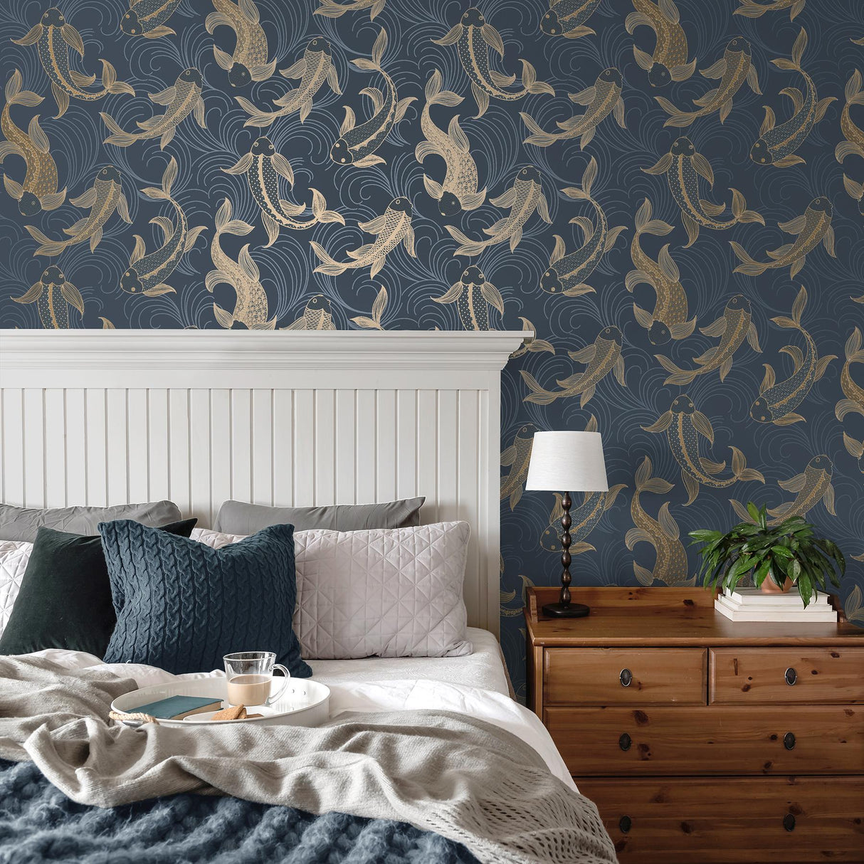 York Dashiell Navy Decorative Fish Wallpaper