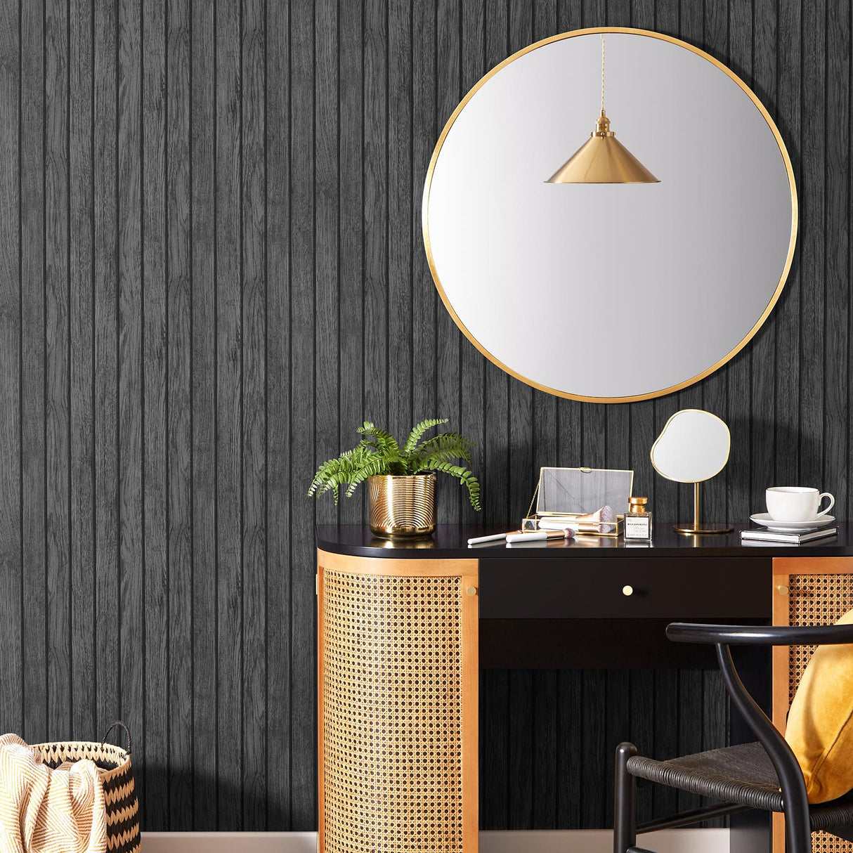 York Manolo Black Wooden Slat Wallpaper