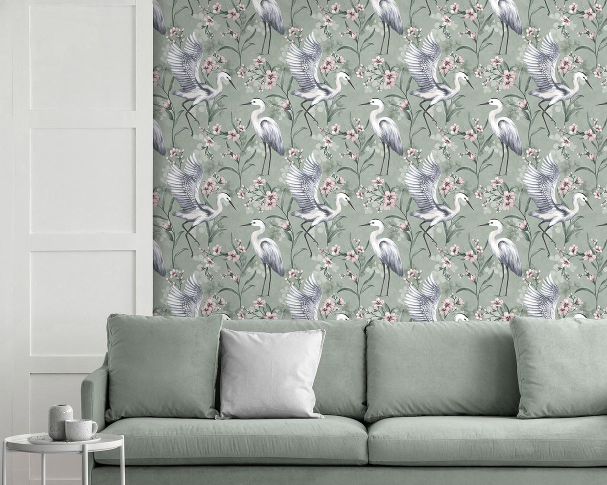 York Simonetta Seafoam Heron Wallpaper