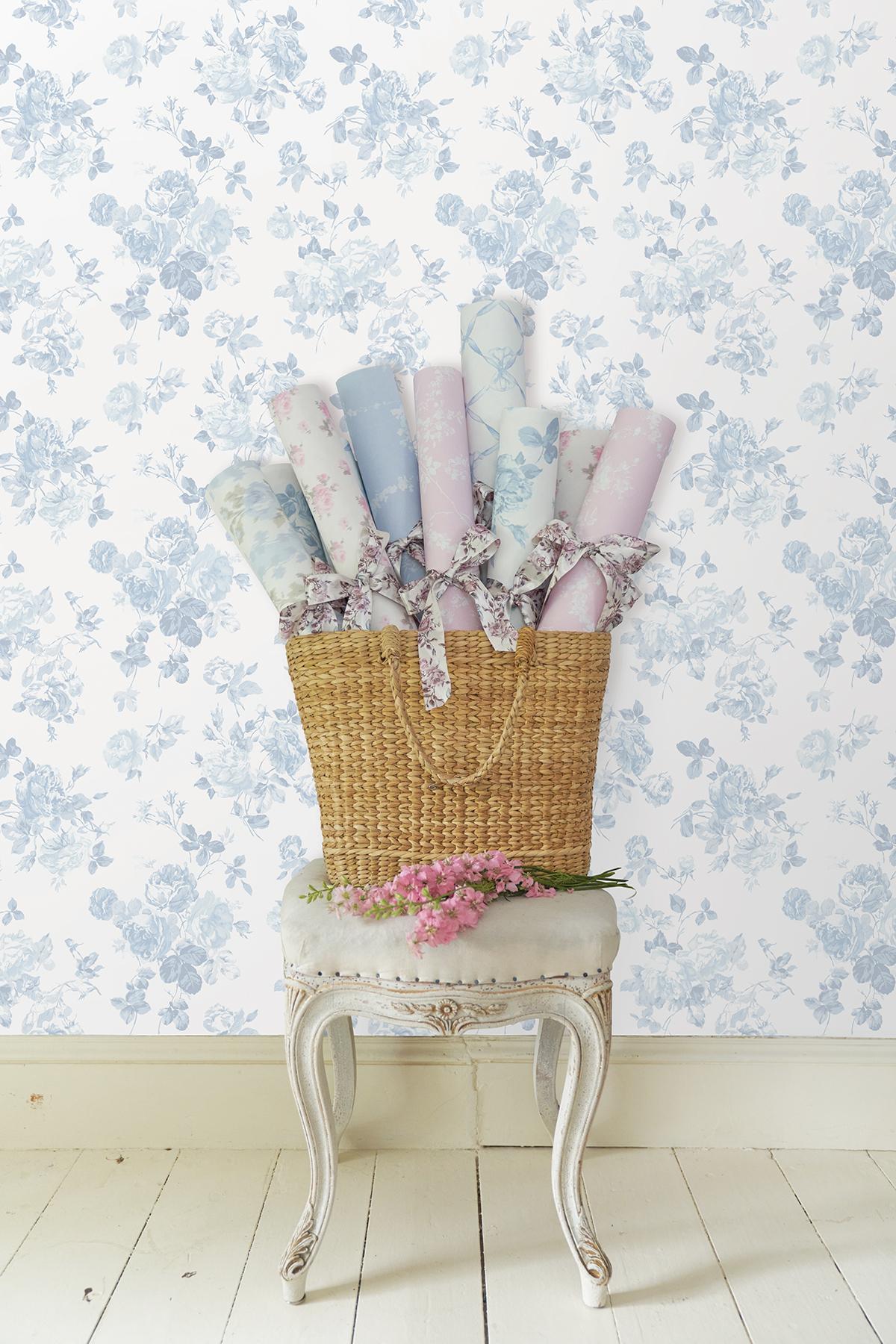York Everblooming Rosettes Blue Bella Ribbon Peel & Stick Wallpaper