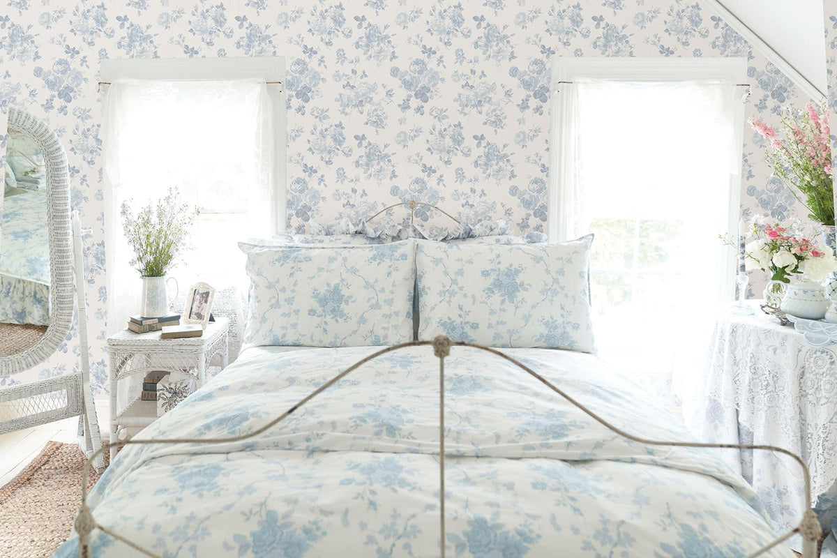 York Everblooming Rosettes Blue Bella Ribbon Peel & Stick Wallpaper