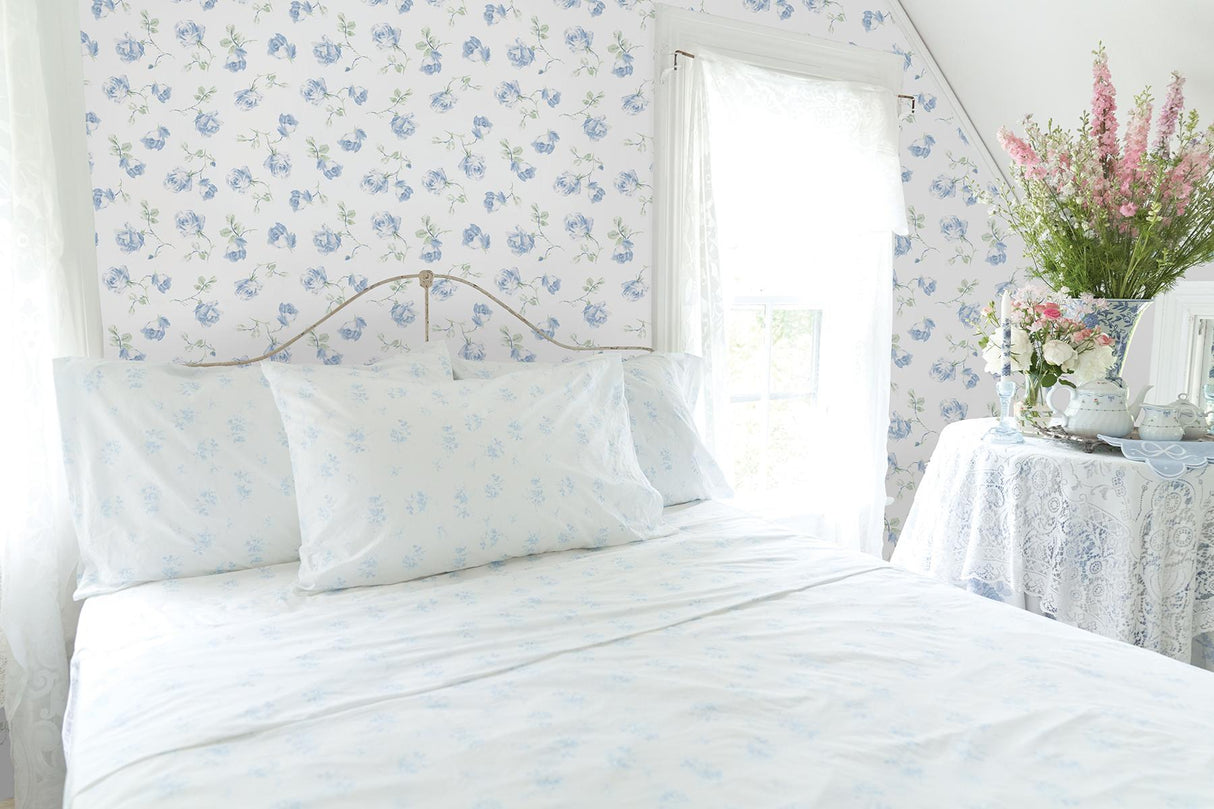 York French Blue Ribbon Rosa Peel & Stick Wallpaper