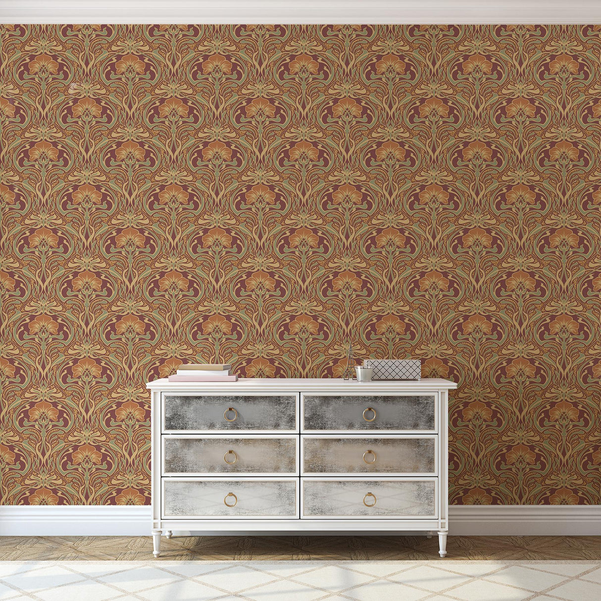 York Donovan Burnt Sienna Nouveau Floral Wallpaper
