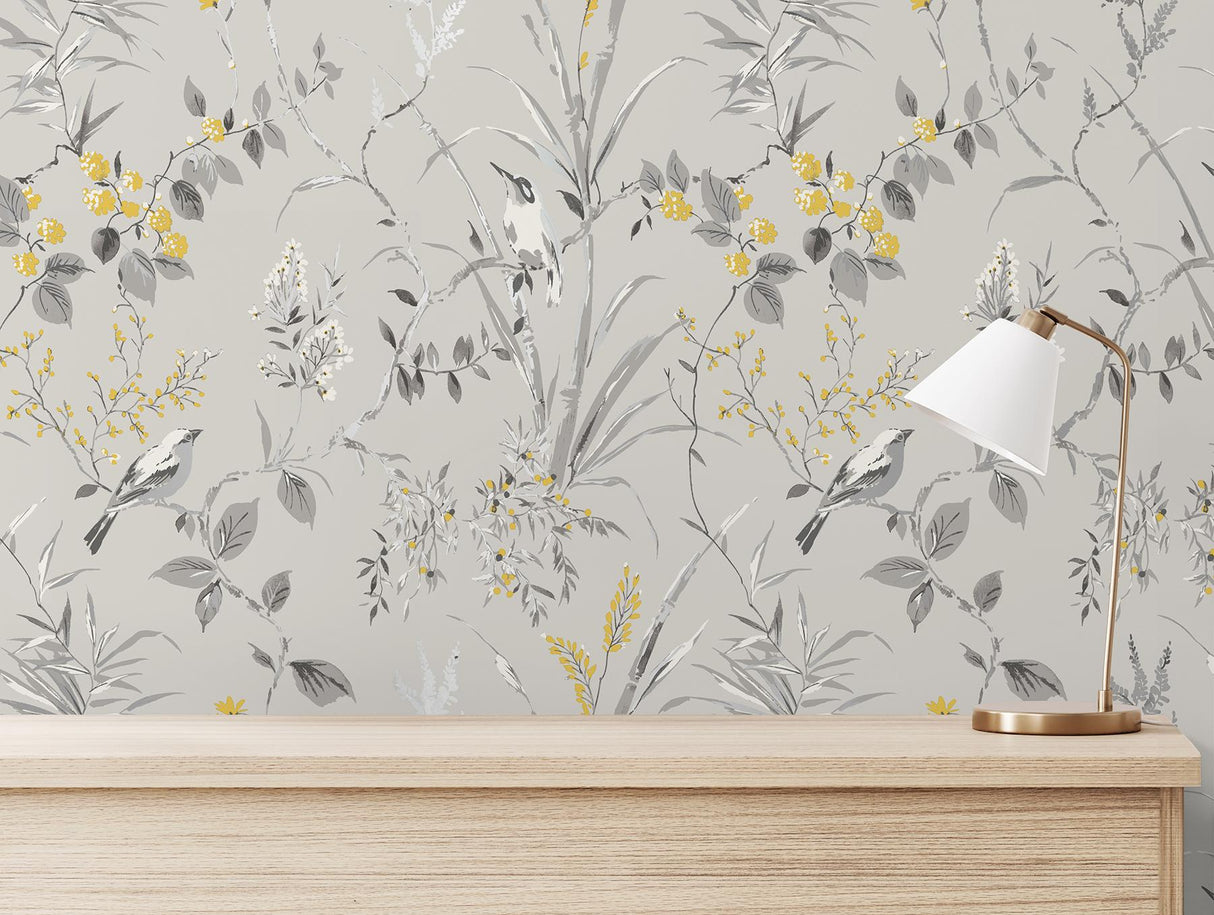 York Mariko Grey Botanical Wallpaper