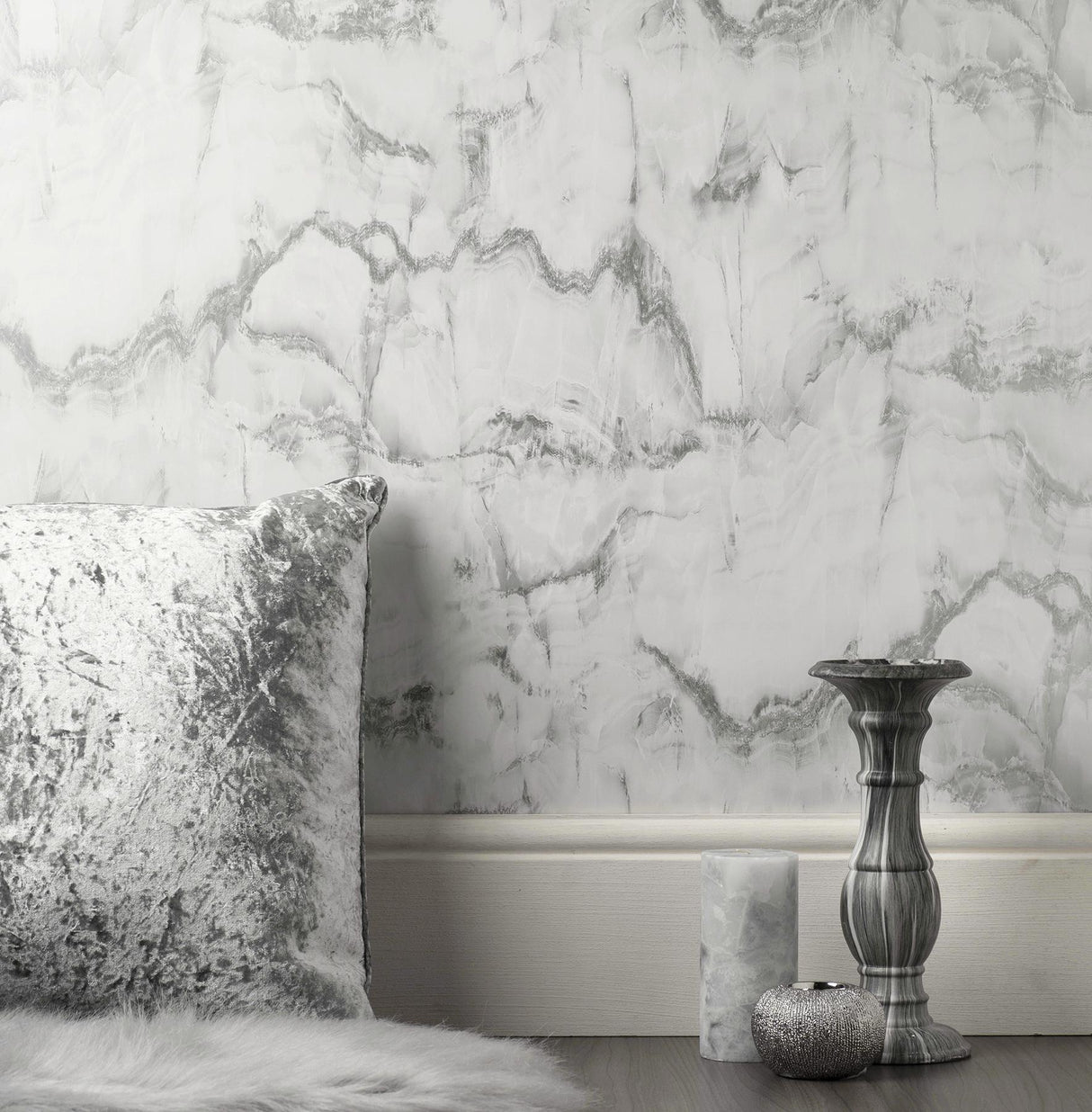 York Aura Silver Marble Wallpaper