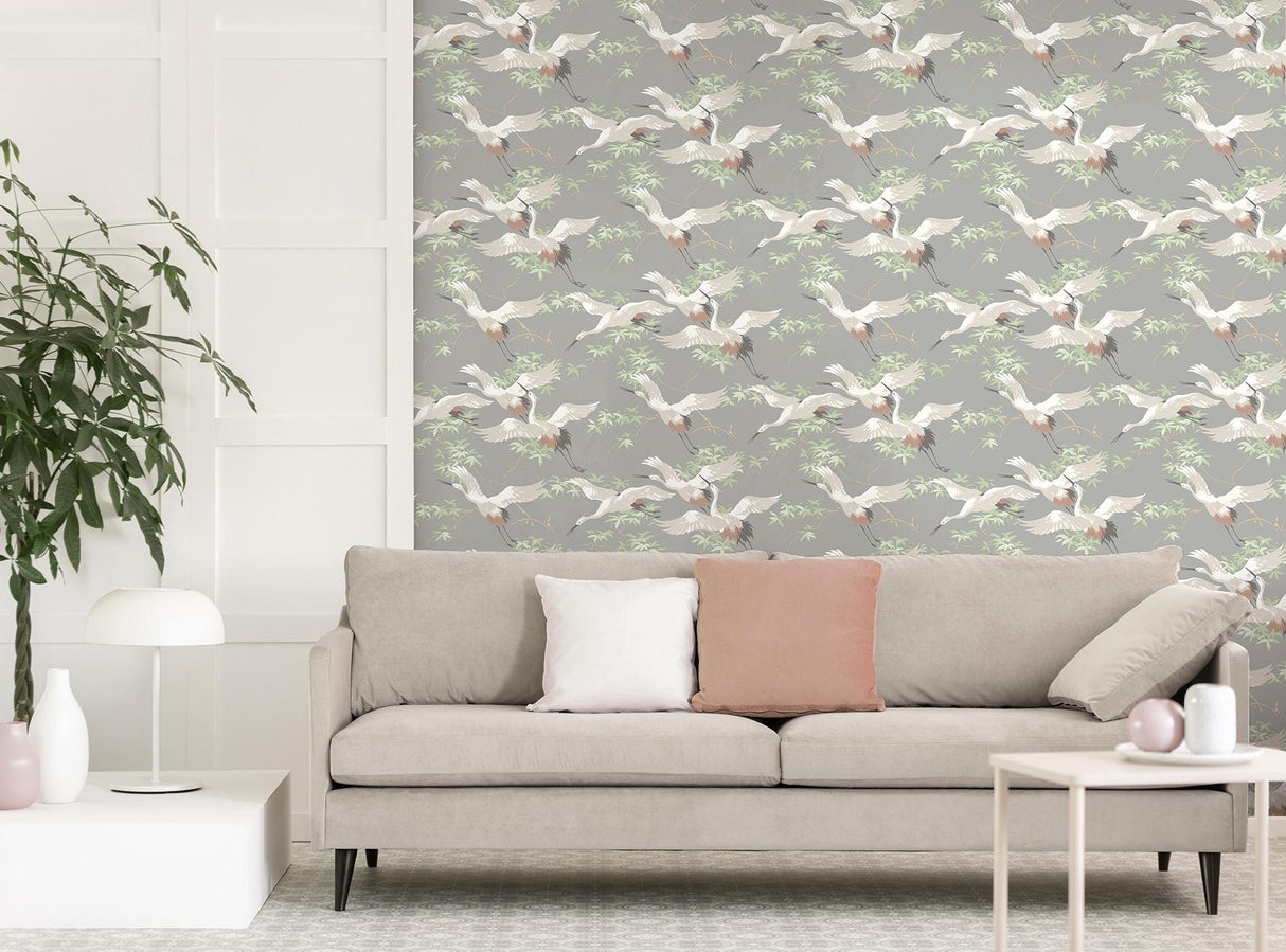 York Saura Light Grey Cranes Wallpaper