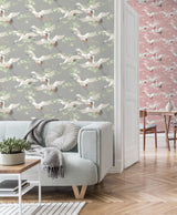 York Saura Light Grey Cranes Wallpaper