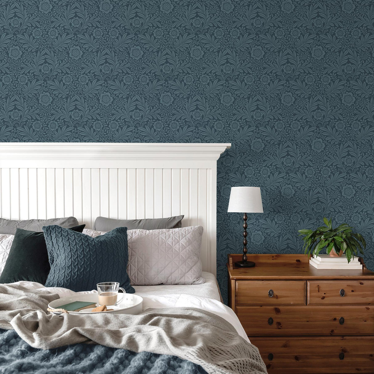 York Camille Navy Damask Wallpaper