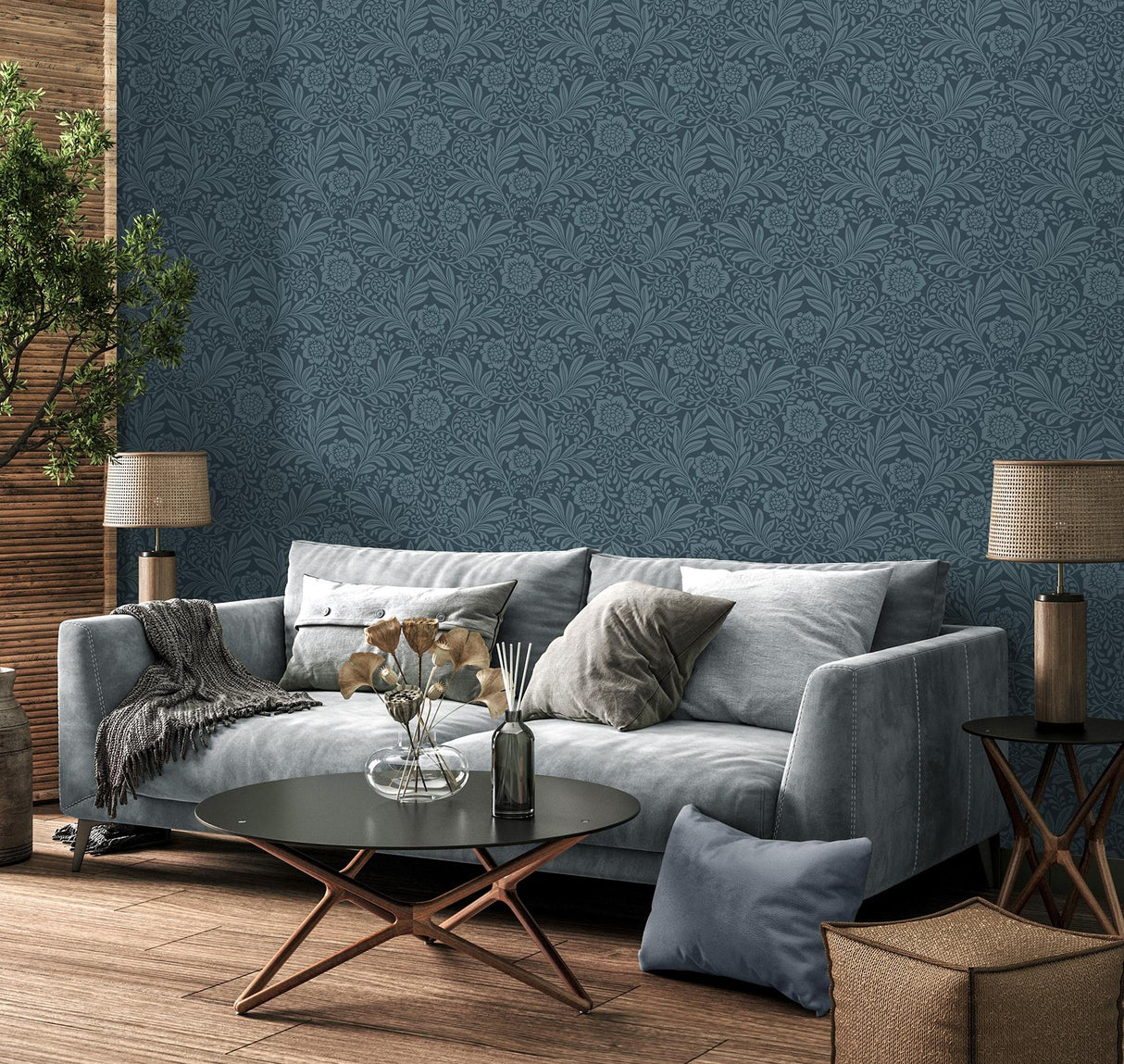 York Camille Navy Damask Wallpaper