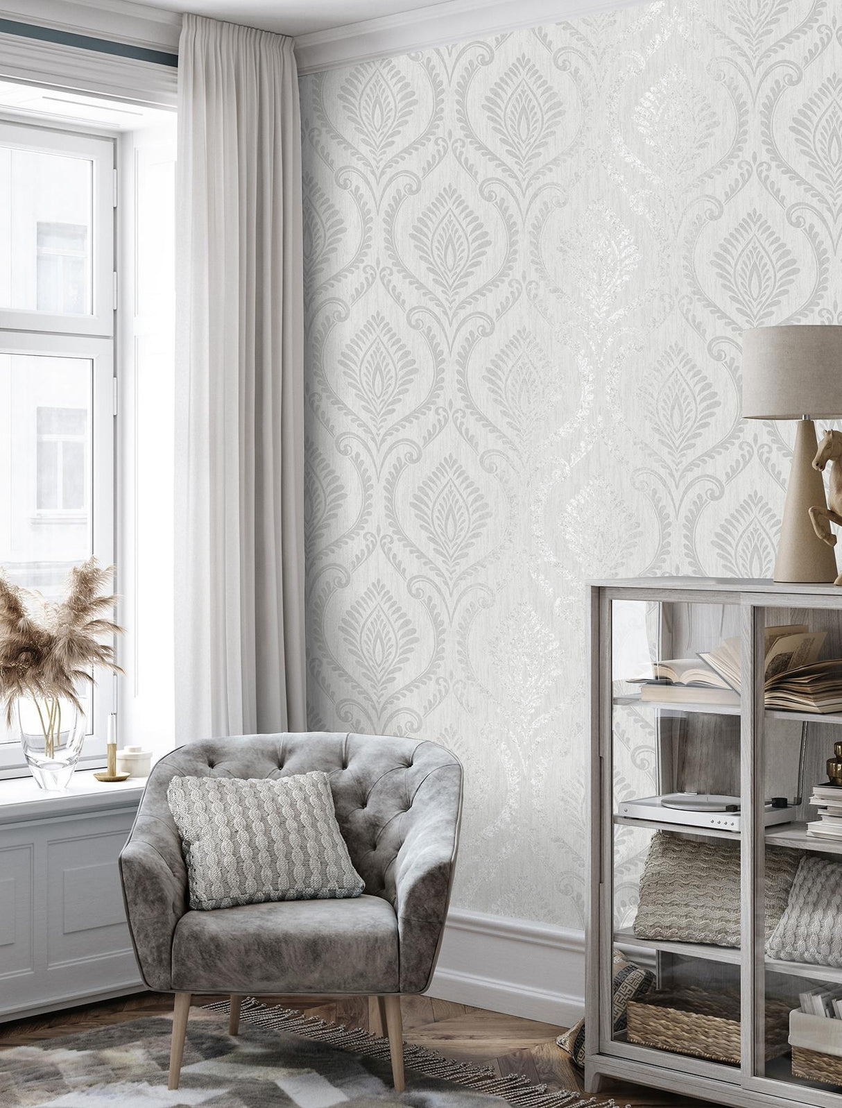 York Estelle Grey Damask Wallpaper