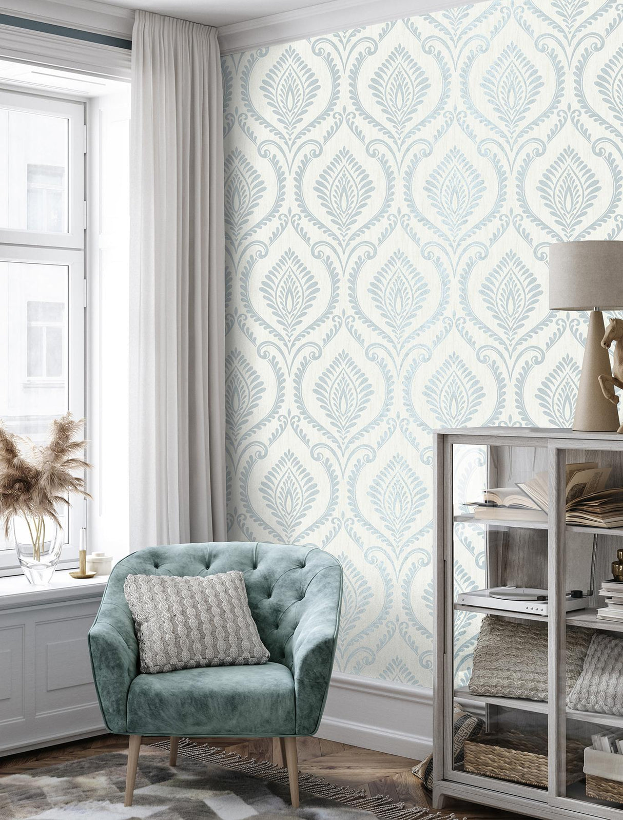 York Estelle Light Blue Damask Wallpaper