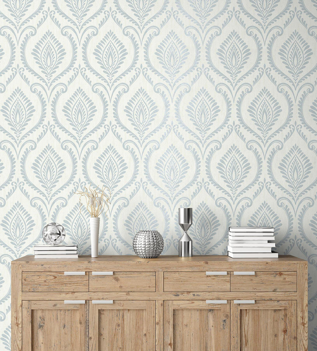York Estelle Light Blue Damask Wallpaper