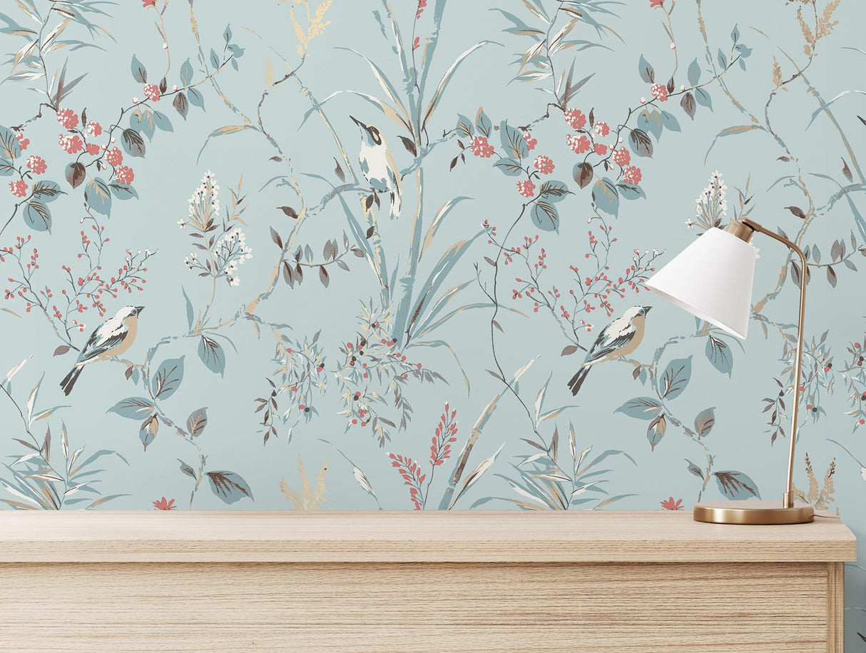 York Mariko Light Blue Botanical Wallpaper